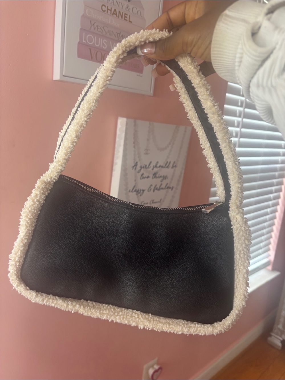 H&M Black Shoulder Bag with Cream Shearling Trim
